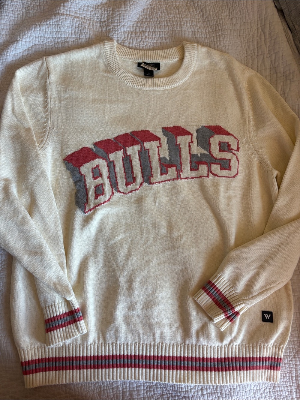 Men's Cream 'BULLS' Crewneck Sweater with Red & Gray Accent